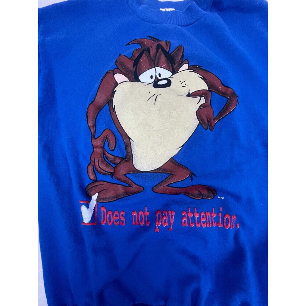 Vtg Taz Sweatshirt Small Does Not Pay Attention 90s Looney Tunes Crewneck 1997 - Picture 2 of 8